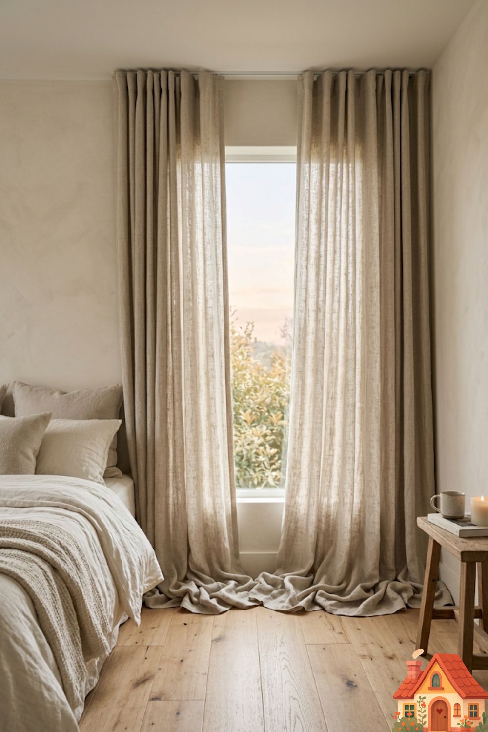 A tight bedroom space focusing on a window dressed with heavy, warm oatmeal French linen curtains. The curtain rod is mounted invisibly at the very top of the ceiling, with the excess fabric beautifully and intentionally 'puddled' on the natural hardwood floor. Soft, diffused morning light filtering through.