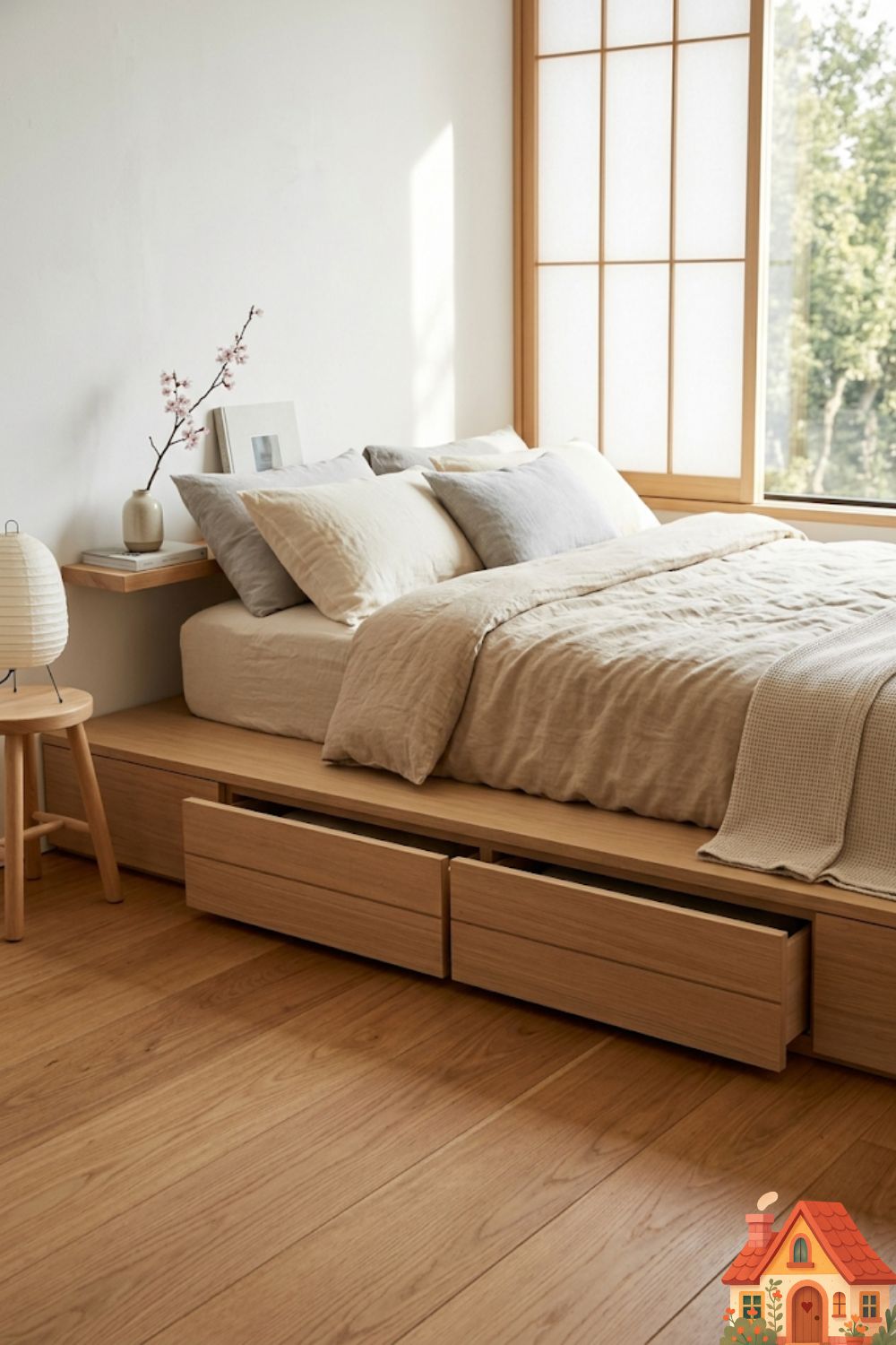 A sleek, modern small bedroom featuring a low-profile, solid blonde-wood platform bed. The base of the bed sits flush with the floor, but a seam reveals it contains hidden, handle-less storage drawers. The styling is impossibly clean and Japanese-inspired, with soft neutral bedding and no visible clutter.