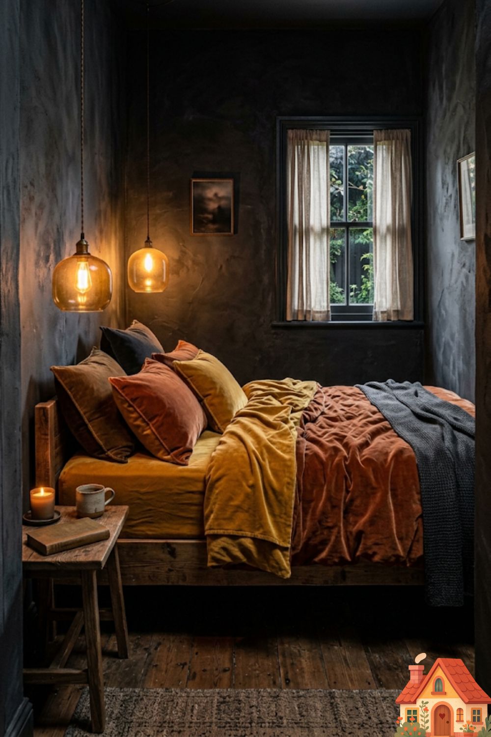 A breathtaking, deeply moody tiny bedroom. The walls are covered in a heavily textured, matte charcoal-black limewash. A low bed is layered with heavy, warm mustard and rust-colored velvet bedding, providing a striking, comforting contrast. A single, amber-glowing pendant light hangs low. Deeply protective and atmospheric.)