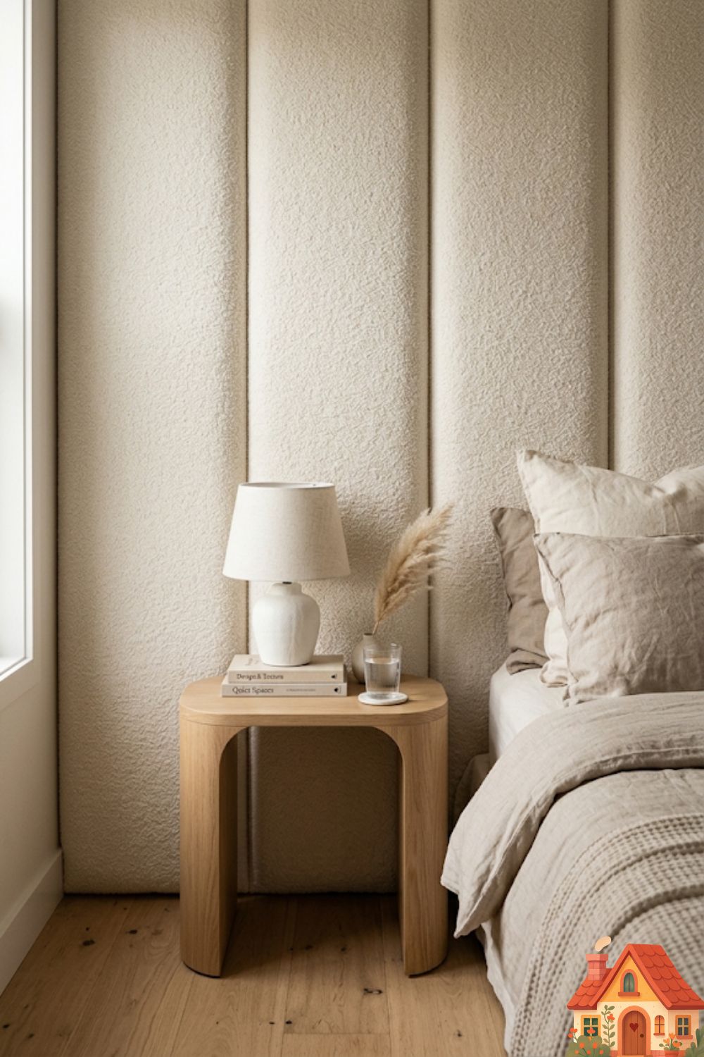An intimate detail shot of a small bedroom wall completely upholstered in luxurious, thick, cream-colored bouclé fabric, divided into large vertical padded panels. A small, curved bedside table sits below. The lighting highlights the rich, tactile loops and incredible, sound-dampening softness of the wall.