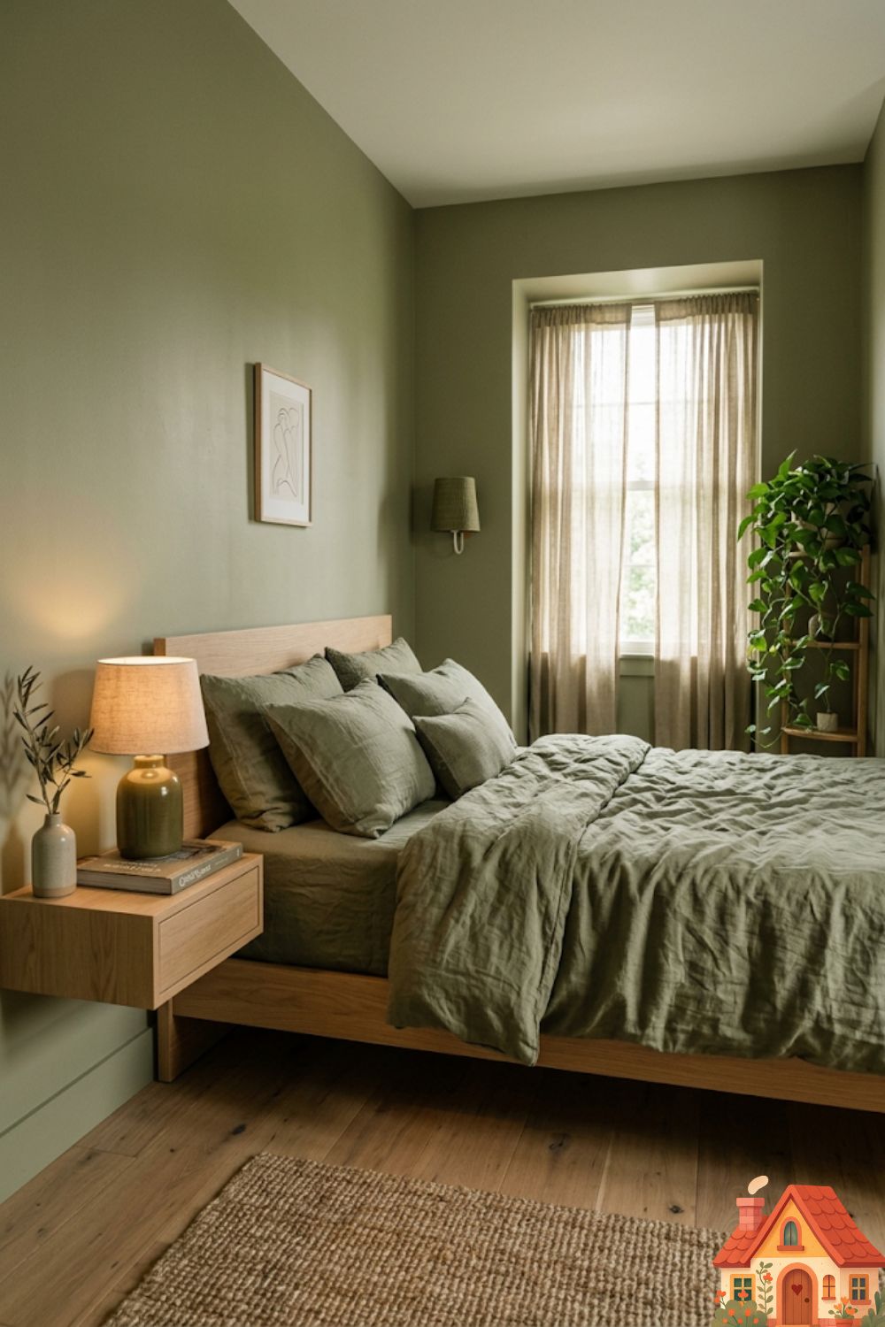 A serene, monochromatic small bedroom. The walls are painted a soft, dusty olive green. The oversized, wrinkled linen duvet cover on the bed is the exact same shade of dusty olive green. The lack of visual contrast creates a profoundly calming, expansive, and cohesive aesthetic. Organic modernism.)