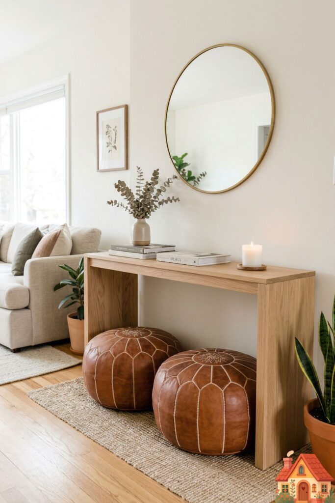 A slim, natural wood console table placed against a living room wall. Tucked perfectly underneath the table are two round, textured Moroccan leather poufs, waiting neatly to be used as extra seating.