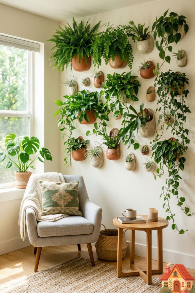 A bright, small living room with a stunning vertical garden wall feature. lush ferns, trailing ivy, and air plants are beautifully arranged in wall-mounted ceramic pockets, bringing life into the room without taking up any floor space.)