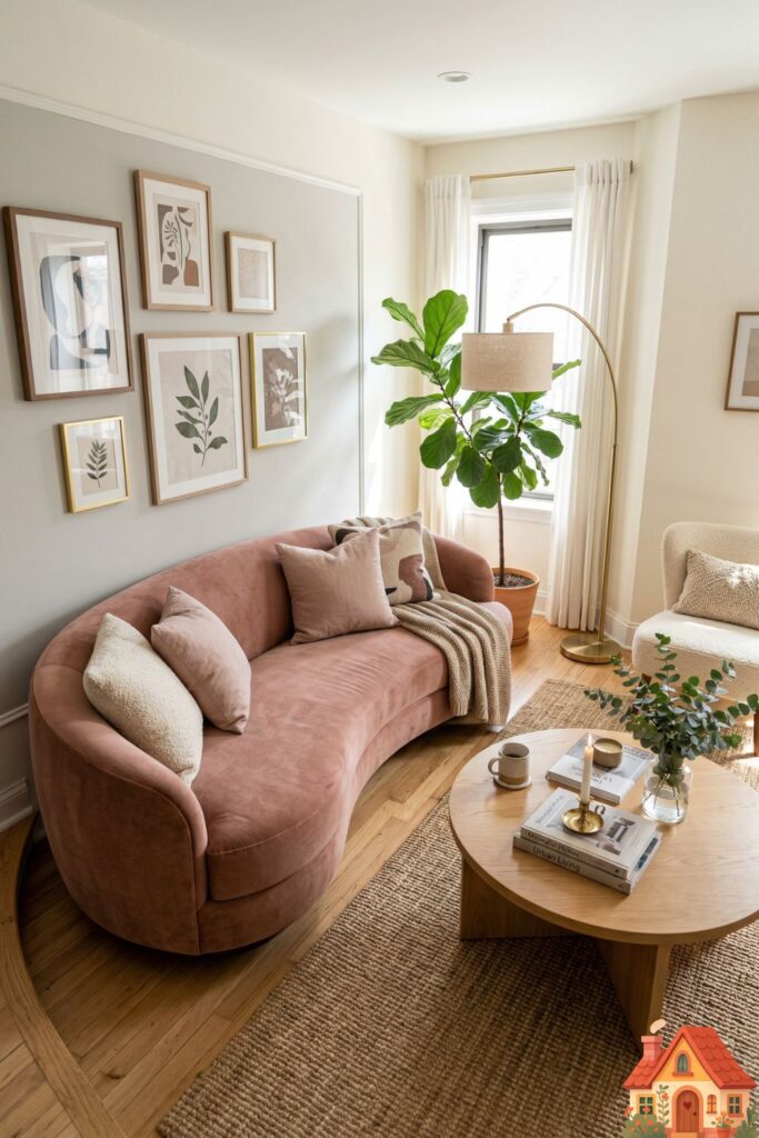 A beautifully styled small living room featuring a curved, kidney-shaped sofa in a soft, dusty rose velvet. The curved back creates a gentle, fluid walkway around it, softening the harsh corners of the small room.