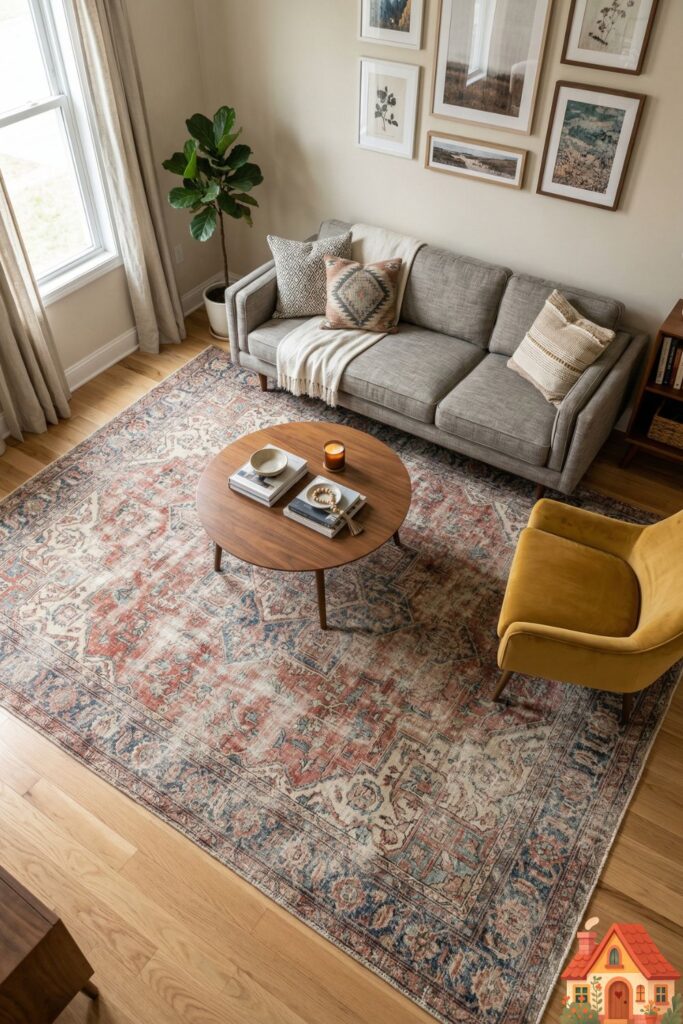 A top-down, angled view of a compact living room. A massive, faded vintage Persian rug covers almost the entire floor, with a modern sofa, a side chair, and a coffee table all comfortably resting completely within the rug's borders.