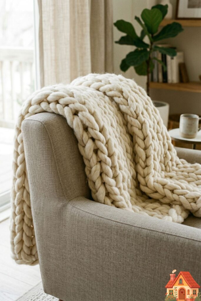 A close-up of a cozy living room chair. A massive, arm-knitted blanket in un-dyed, thick cream wool is heavily draped over the armrest, offering a rich, tactile, and deeply comforting texture against the smooth fabric of the chair.