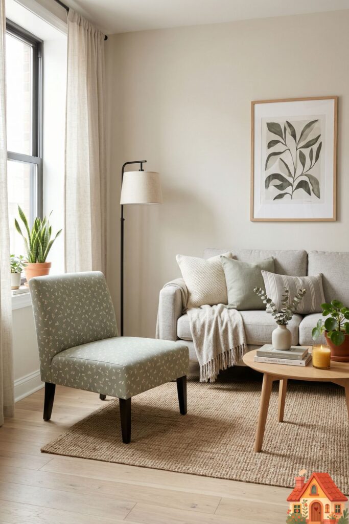 A small living room arrangement showing a main sofa and, opposite to it, a sleek, armless slipper chair upholstered in a subtle sage green pattern. The lack of armrests makes the space around the chair look open and uncrowded.