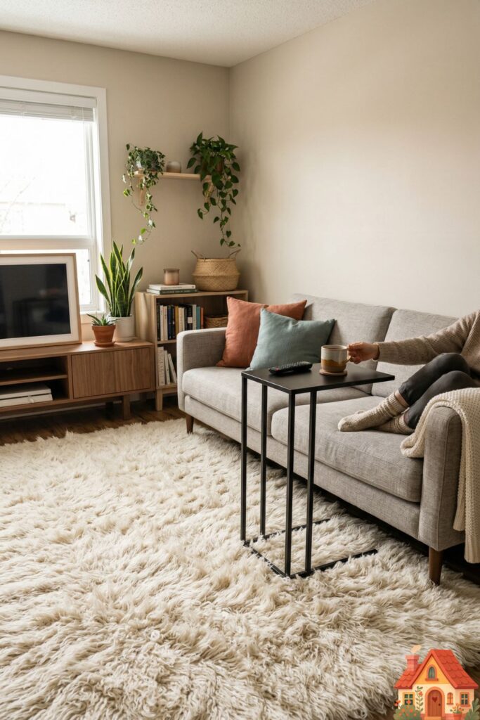 A highly functional, compact living room with no center coffee table. Instead, a large, incredibly fluffy flokati rug fills the center space, while a sleek, C-shaped side table slides perfectly over the seat of the sofa for drinks.