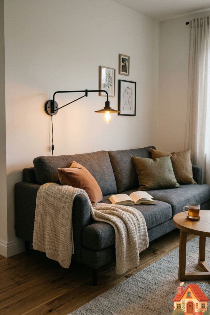 A cozy living room corner showing a sofa flush against the wall. Above the sofa, an elegant, matte-black swing-arm wall sconce provides warm reading light, leaving the floor entirely clear of lamp bases.