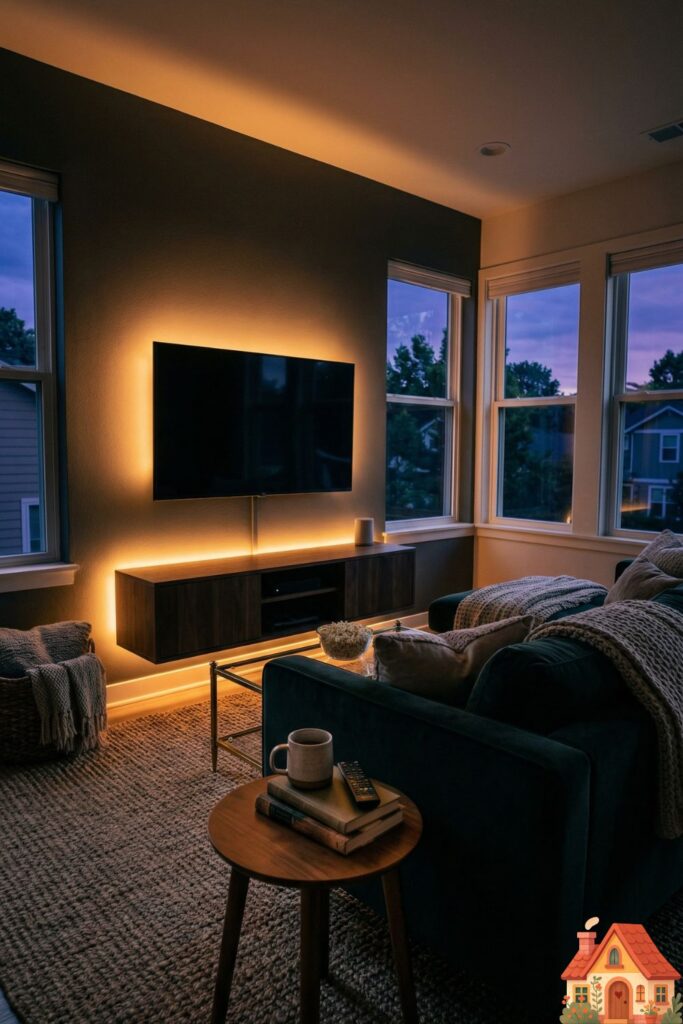 A moody, small living room at dusk. The only light source is a hidden, warm amber LED strip glowing softly from behind a floating media console and behind the television, creating a theater-like, cozy sanctuary vibe.