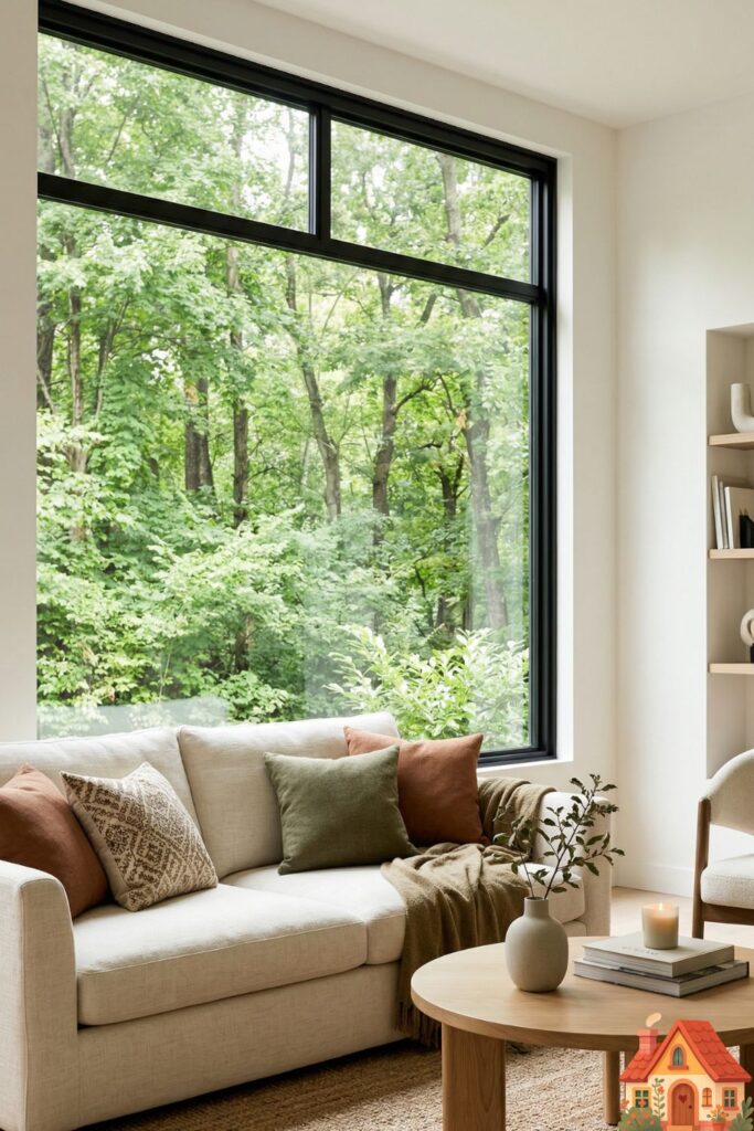 A beautiful, small living room with a large architectural window left completely bare, without blinds or curtains. The crisp, clean black window frame acts like a picture frame for the lush green trees outside, making the room feel boundless.)
