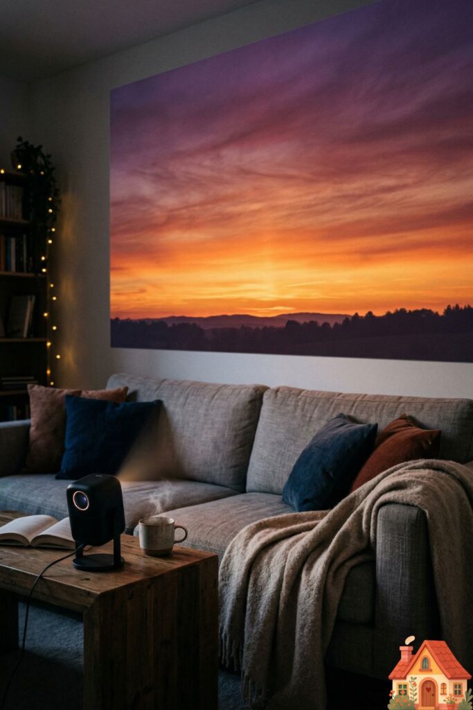 A dimly lit, compact living room. A small, modern projector lamp sits on a side table, casting a large, beautiful, hyper-realistic sunset gradient (deep oranges, reds, and purples) onto a blank white wall, creating a serene mood.