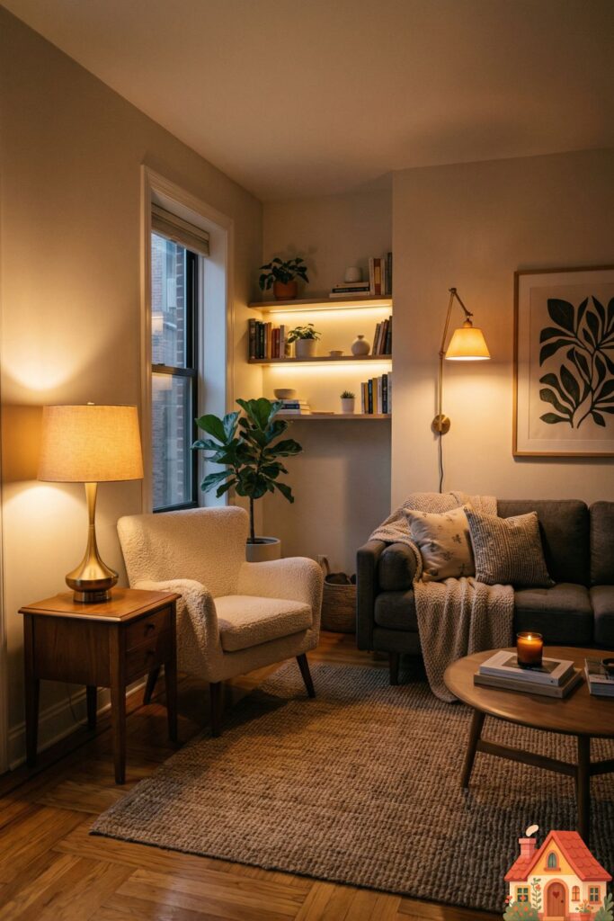  A wide shot of a small, cozy living room in the evening, beautifully lit by three distinct, warm light sources forming a visual triangle: a glowing table lamp on the left, a wall sconce on the right, and a subtle shelf light in the background.)