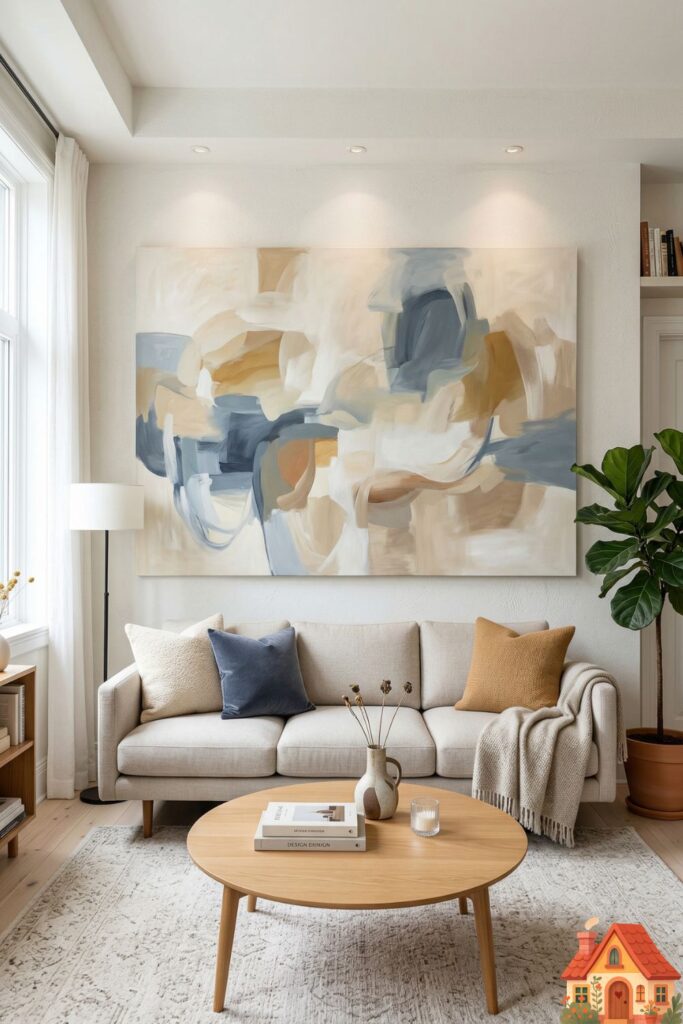 A small living room wall featuring a single, massive, oversized abstract canvas painting in soothing tones of cream, muted blue, and ochre. The large scale of the art makes the compact room feel intentionally grand and gallery-like.