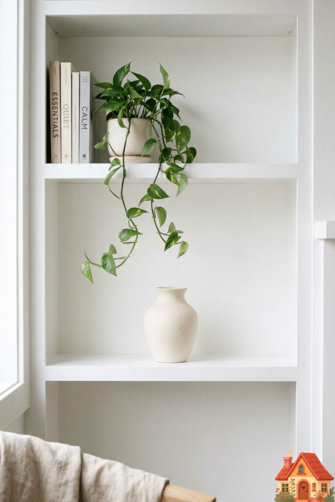 A close-up of built-in living room shelves in a small space. They are styled minimally: one shelf holds only a stack of three books and a trailing plant; another holds a single ceramic vase, leaving plenty of calming, empty white space.