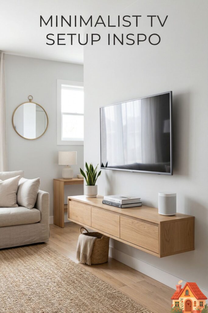 A hyper-clean, minimalist TV setup in a compact living room. A flat-screen TV is mounted on a pristine wall above a floating console, with absolutely zero wires or cables visible, creating a feeling of absolute order and calm.)
