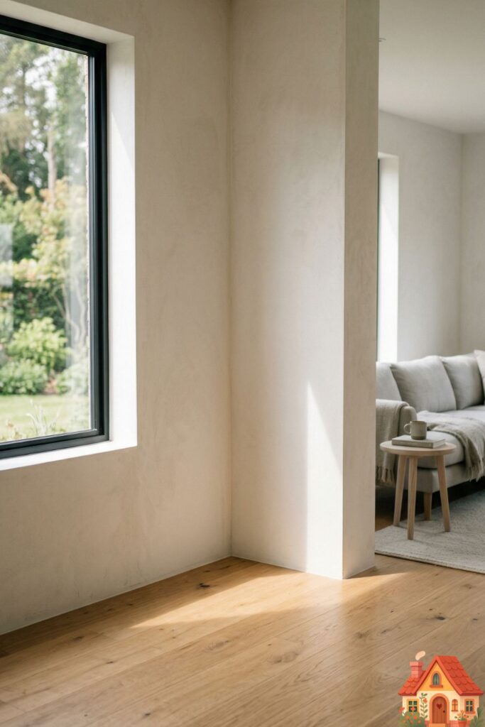 A beautifully designed small living room where one corner is intentionally left completely bare and empty. The warm wood floor meets the clean plaster wall, with gentle sunlight hitting the empty space, conveying a deep sense of minimalist peace.