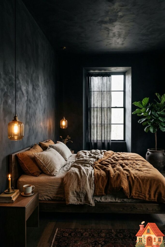 A breathtaking, deeply moody master bedroom. The walls and ceiling are covered in a heavily textured, matte charcoal-black limewash plaster. A massive, low-profile bed sits in the center, layered with heavy, warm oatmeal and rust-colored linen bedding, providing a striking contrast. A single, amber-glowing pendant light hangs low over the bedside table. Cinematic, atmospheric, deeply comforting.