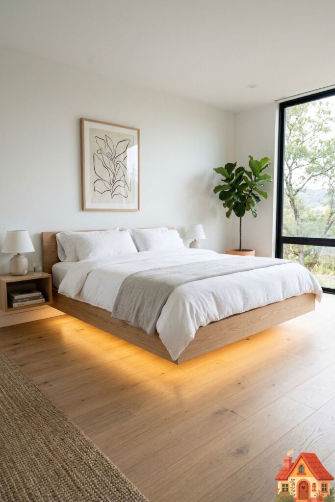A sleek, modern master bedroom featuring a large, king-sized floating bed made of raw blonde oak. The bed appears to be levitating above the wide-plank wood floor, illuminated by a seamless, warm amber LED strip glowing from underneath. The bedding is crisp, white organic cotton. The room feels airy, expansive, and weightless.)