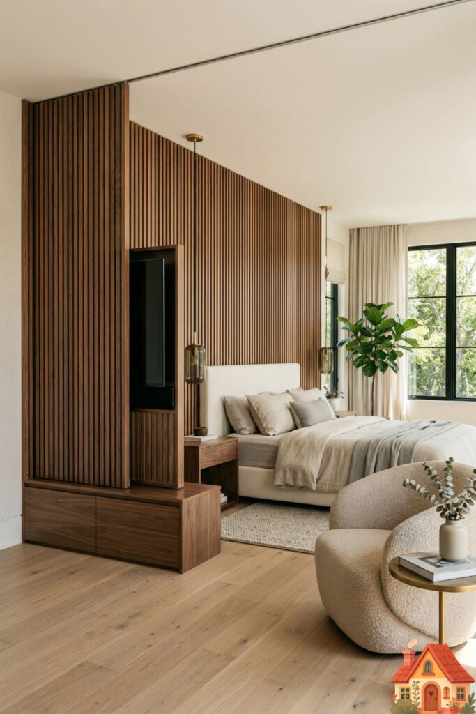 A luxurious master bedroom focused on a stunning accent wall made of vertical walnut wood slats. One section of the slats is elegantly sliding open to reveal a hidden flat-screen television. The rest of the room is minimalist and serene, with a soft beige bouclé armchair in the corner. Flawless tech integration, high-end design.