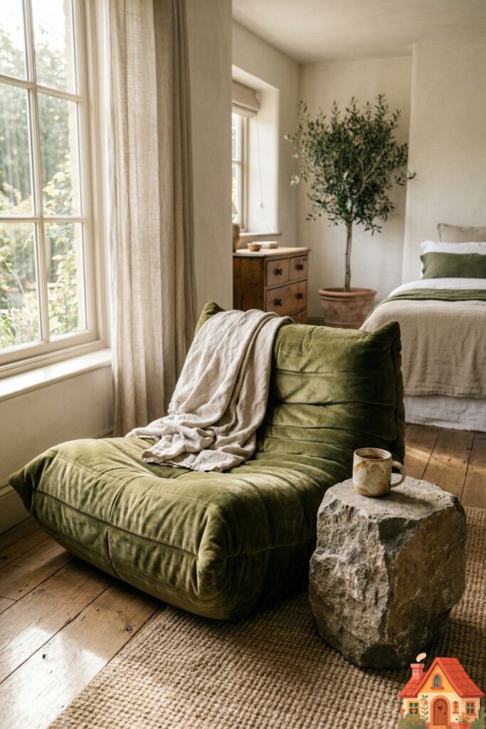 A cozy, sunlit corner of a large master bedroom. The space features a low, oversized, incredibly plush 'togo' style lounge chair in a faded olive green velvet. It looks perfectly lived-in and imperfect. Next to it is a raw, unpolished stone side table holding a single, handmade ceramic mug. Peaceful, grounded, wabi-sabi aesthetic.)