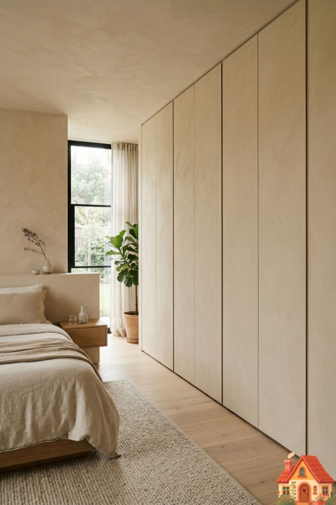 A pristine, high-end master bedroom showing a seamless wall of built-in wardrobes. The doors are perfectly flush, handle-less, and covered in the exact same warm, sand-colored plaster as the surrounding walls. The lines are razor-sharp, creating a feeling of absolute, unbroken visual silence. Soft morning light.