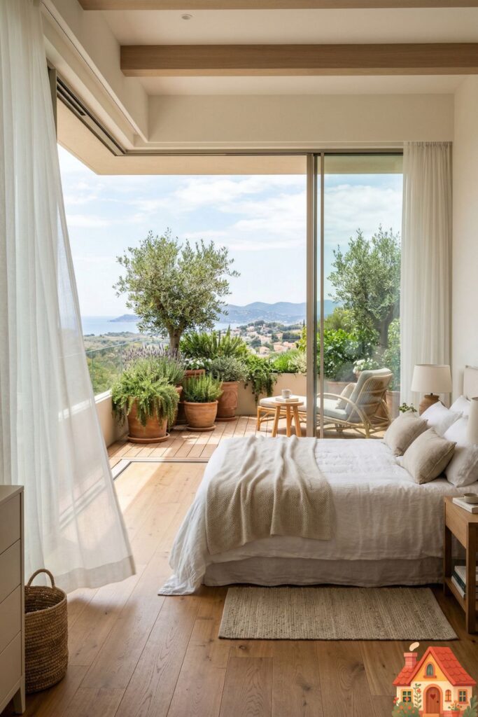 An epic master bedroom with the entire far wall made of fully opened, floor-to-ceiling sliding glass panels. The warm oak flooring of the bedroom seamlessly continues right onto a private, lush balcony without any visible threshold. The balcony is filled with large potted olive trees. A gentle breeze is moving sheer, feather-light white curtains. Perfect indoor-outdoor harmony.)