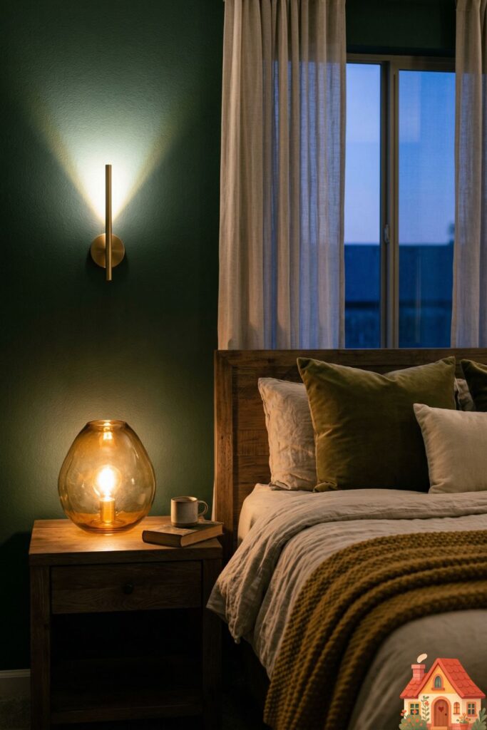 A deeply relaxing master bedroom at dusk. There are no overhead lights on. The room is illuminated by a warm, honey-colored glow coming from an organic, hand-blown glass table lamp and a sleek brass wall sconce casting a soft V-shape of light upward against a dark green wall. The atmosphere is deeply intimate and soothing.
