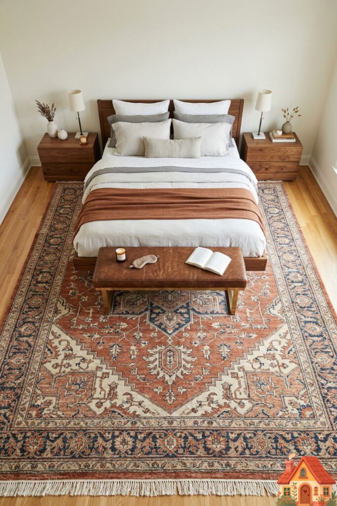A top-down, wide-angle view of a master bedroom floor. A massive, incredibly plush, hand-knotted vintage rug in faded tones of rust, cream, and navy covers almost the entire room. A modern king-sized bed, two large wooden nightstands, and a leather bench at the foot of the bed all rest completely within the generous borders of the rug.