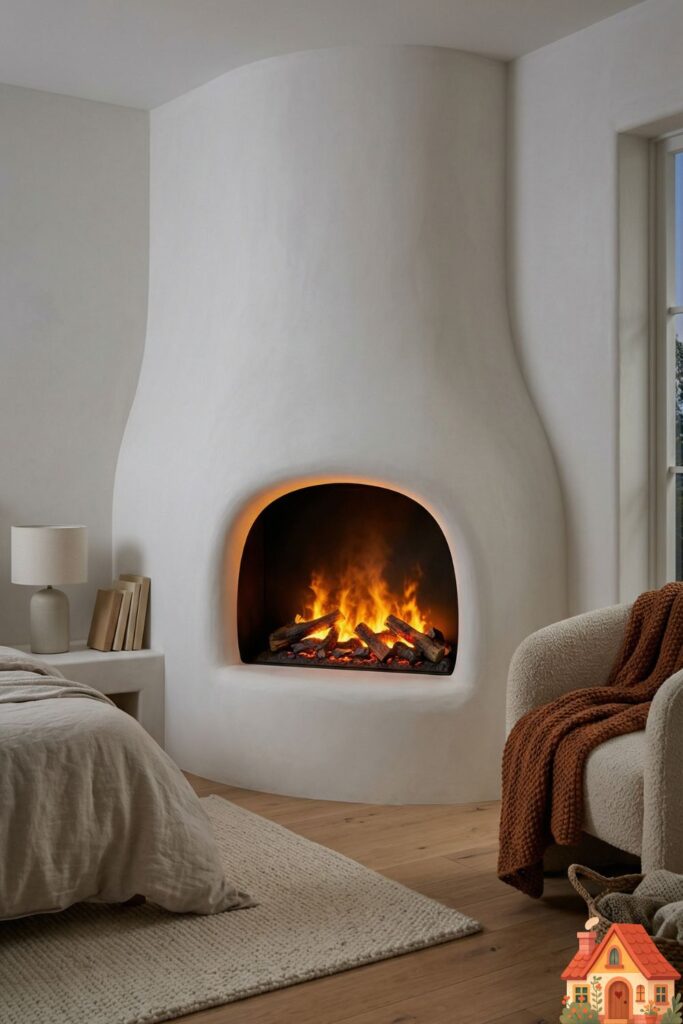 A stunning, organic-shaped fireplace built smoothly into a white plaster bedroom wall, curving gently without any sharp corners or harsh edges. Inside the curved alcove, a hyper-realistic water-vapor electric fire glows warmly with orange and yellow flames. A minimalist, cozy aesthetic that feels incredibly safe and primal.