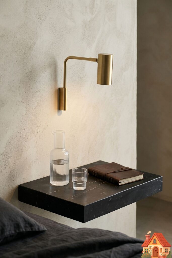 A close-up of a sleek, minimalist bedside setup. A thick, floating slab of honed black marble serves as the nightstand against a textured wall. Resting on it is only a delicate, ribbed-glass water carafe with a matching cup, a leather-bound journal, and a sculptural matte-brass reading lamp. Absolute, curated perfection.