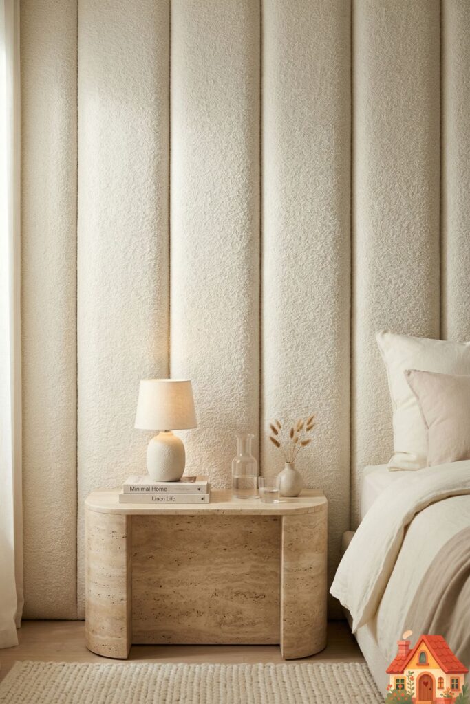 An intimate detail shot of a master bedroom wall completely upholstered in luxurious, thick, cream-colored bouclé fabric. The fabric is divided into large, padded vertical panels. A soft, curved bedside table in travertine stone sits below. The lighting highlights the rich, tactile loops and incredible softness of the wall covering.