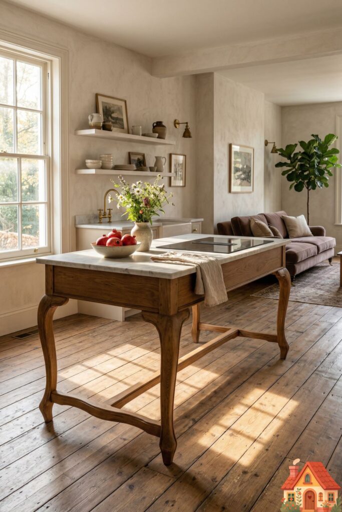 A breathtaking 2026 "un-kitchen" bathed in soft morning light. The main kitchen island is designed to look like a vintage, freestanding oak furniture piece raised on elegant wooden legs, revealing the wide-plank wood floor beneath. The space feels incredibly airy, furnished, and deeply inviting, bridging the gap between kitchen and living room.