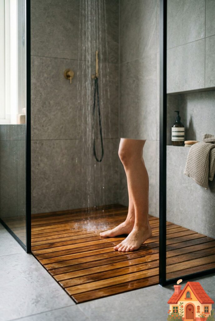 The floor of a luxurious, large walk-in shower. Instead of tile, the floor is covered by a custom-fitted, slatted teak wood mat. The water from the shower is gently hitting the rich, warm wood. The aesthetic is deeply Scandinavian, spa-like, and highly comforting to the feet.
