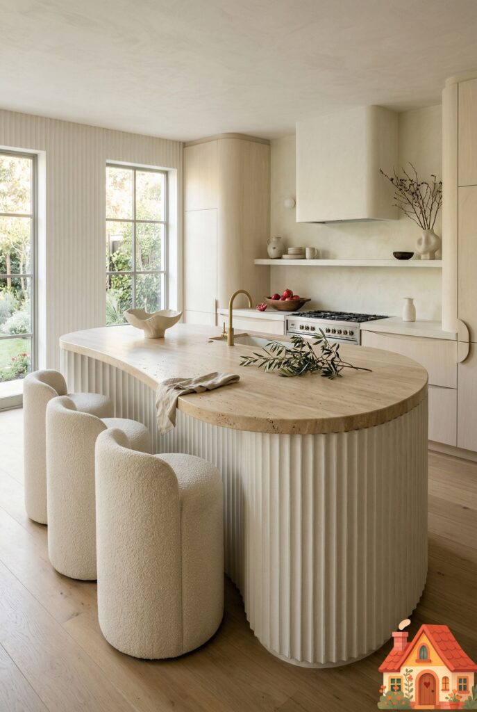 A stunning luxury kitchen featuring a massive, kidney-shaped curved island made of smooth, honed travertine stone. The base of the island features soft fluted plaster detailing. Curved, cream bouclé bar stools are tucked underneath. The layout feels incredibly fluid, soft, and organically soothing. Editorial interior photography.
