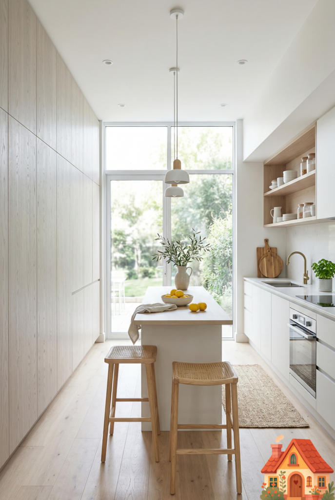 A bright, airy modern kitchen. The lower cabinets are a soft porcelain white, while a stunning, floor-to-ceiling pantry wall is made entirely of pale, washed oak with a visible, soft, desaturated grain. The combination feels incredibly light, Scandinavian, and breathable. High-end real estate photography.