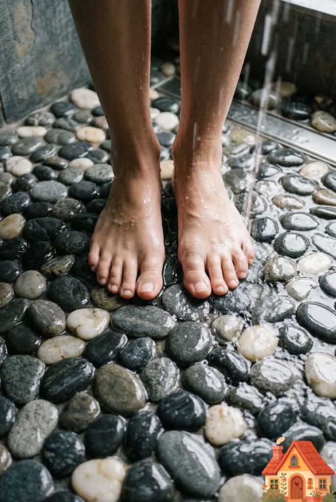 A macro, downward-facing shot of bare human feet standing in a shower. The shower floor is entirely made of smooth, rounded natural river stones in varying shades of grey, black, and white. Water is flowing over the stones, making them gleam. A highly tactile, natural, and grounding experience.