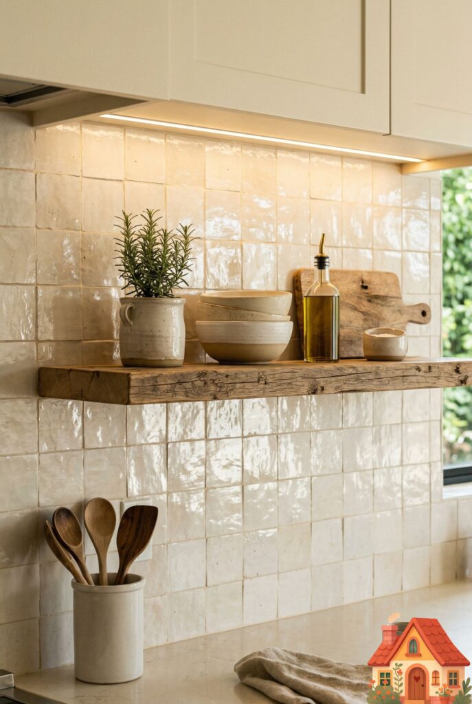  stunning kitchen backsplash made entirely of authentic, handmade Moroccan Zellige square tiles in a soft, pearlescent ivory. The tiles are slightly uneven, catching the under-cabinet lighting in beautifully irregular, shimmering ways. A raw wood floating shelf hangs across them. Organic, tactile, and highly artisanal.