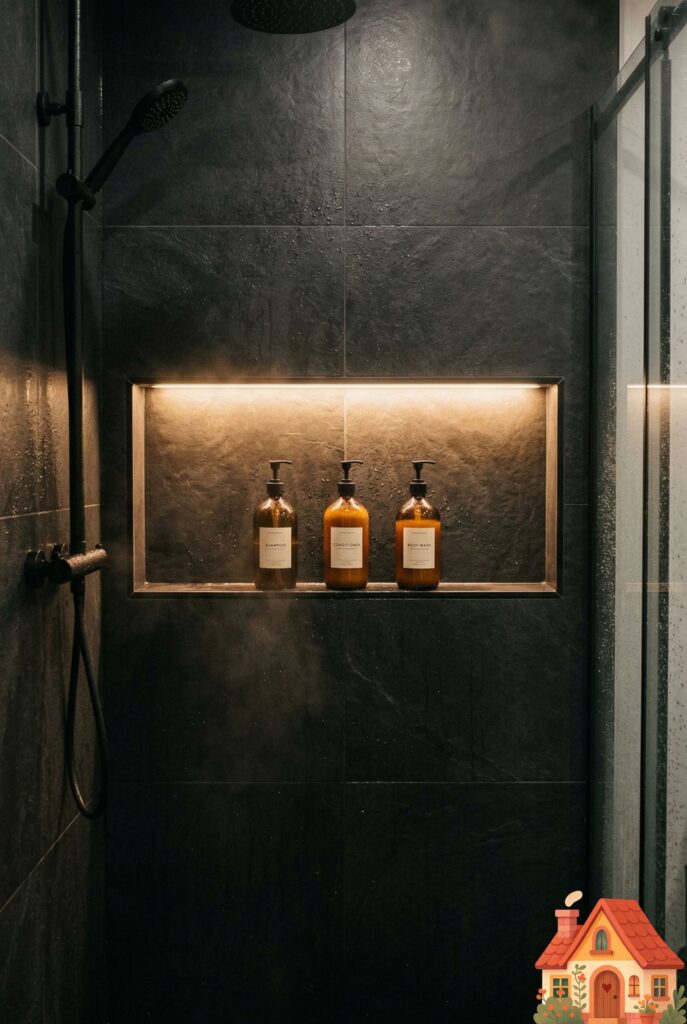 Inside a luxurious, dark-tiled shower. A wide, horizontal built-in wall niche spans the width of the wall. Inside the top edge of the niche, a completely hidden LED strip casts a soft, warm glow downward, beautifully illuminating three identical, amber-glass pump bottles. Immaculate organization and mood lighting.