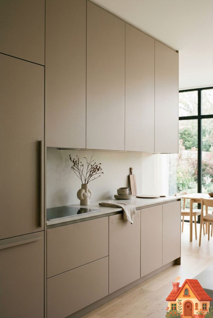 A perfectly minimalist, ultra-modern kitchen wall. What appears to be a seamless wall of beautiful, matte-mushroom colored cabinetry is actually a fully hidden, panel-ready refrigerator and dishwasher. Absolutely zero stainless steel is visible. A masterpiece of visual silence and cohesive contemporary design