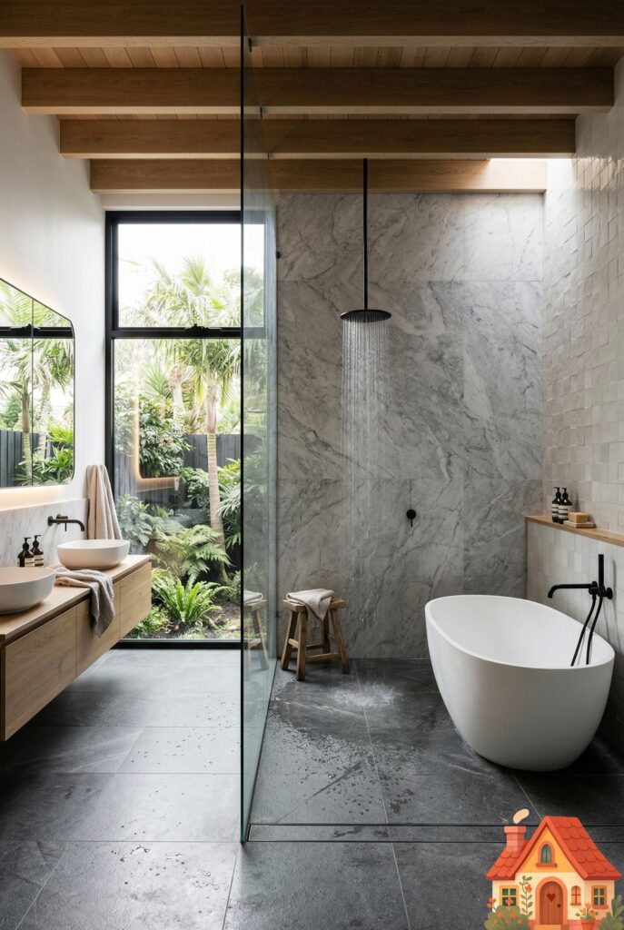 A breathtaking, expansive open wet room. Behind a single, massive pane of clear glass is a huge, waterproofed zone featuring both a matte-black ceiling-mounted rain shower and, just a few feet away, a stunning oval freestanding bathtub. The floor seamlessly slopes to an invisible drain. The ultimate expression of spatial luxury.