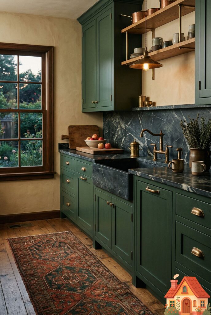 A moody, grounded kitchen featuring deep, matte forest-green cabinetry. The hardware is unlacquered, aged brass that shows a rich patina. The countertop is a warm, heavily veined soapstone. A vintage Persian runner rug in deep reds and greens lies on the floor. Atmospheric, cozy, and deeply rich aesthetic.