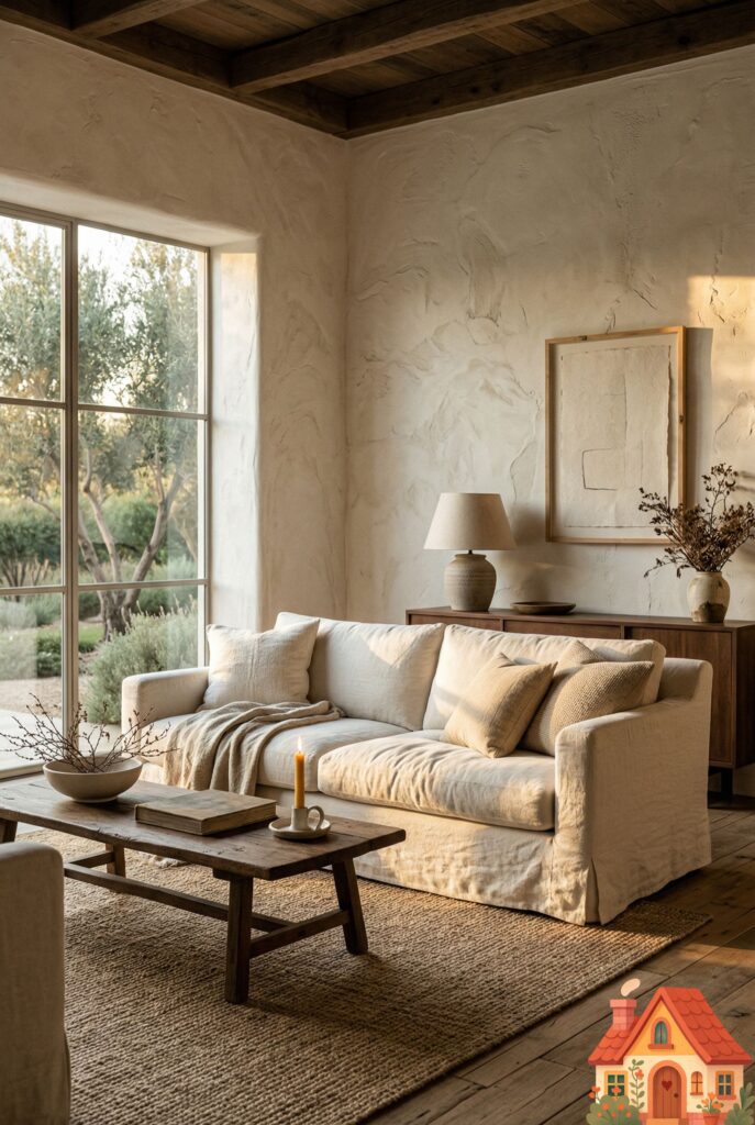 A serene living room featuring heavily textured, warm creamy-white limewash plaster walls. The matte texture is highly visible and beautifully imperfect. A soft, off-white linen sofa sits in the center, catching golden hour sunlight from a large window. Deeply cozy, Wabi-Sabi aesthetic, architectural digest style.