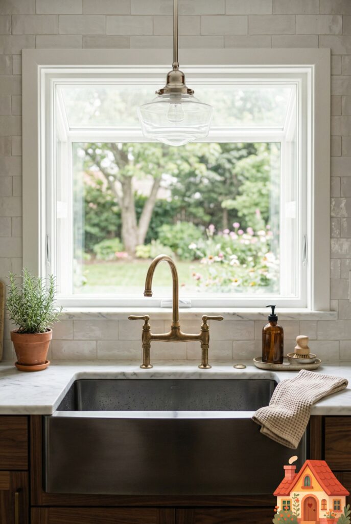 A stylish kitchen vignette focusing on a sink area. A dark, gunmetal grey farmhouse sink is paired with an elegant, unlacquered brass bridge faucet. Above, a polished nickel pendant light hangs down. The deliberate mixing of these three metals looks incredibly chic, curated, and intentionally lived-in.