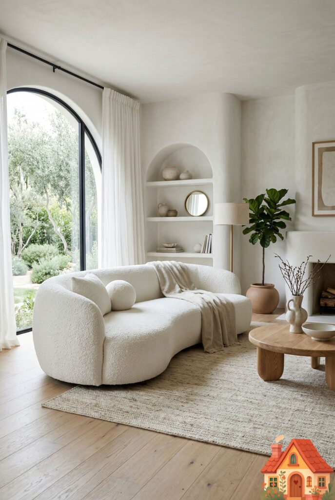  A modern white living room featuring a stunning, low-profile, kidney-shaped curved sofa upholstered in a thick, textured white bouclé fabric. The sofa sits on a subtle woven rug. The room has a deeply fluid, organic, and inviting energy without any sharp corners. Soft, natural daylight.