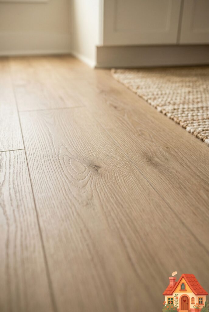 A low-angle, macro shot focusing on the kitchen floor. The flooring is wide-plank, light-toned luxury vinyl mimicking raw European oak, with incredibly realistic grain texture. In the softly blurred background, the bottom of white shaker cabinets and a cozy woven runner rug can be seen. Grounding and warm.