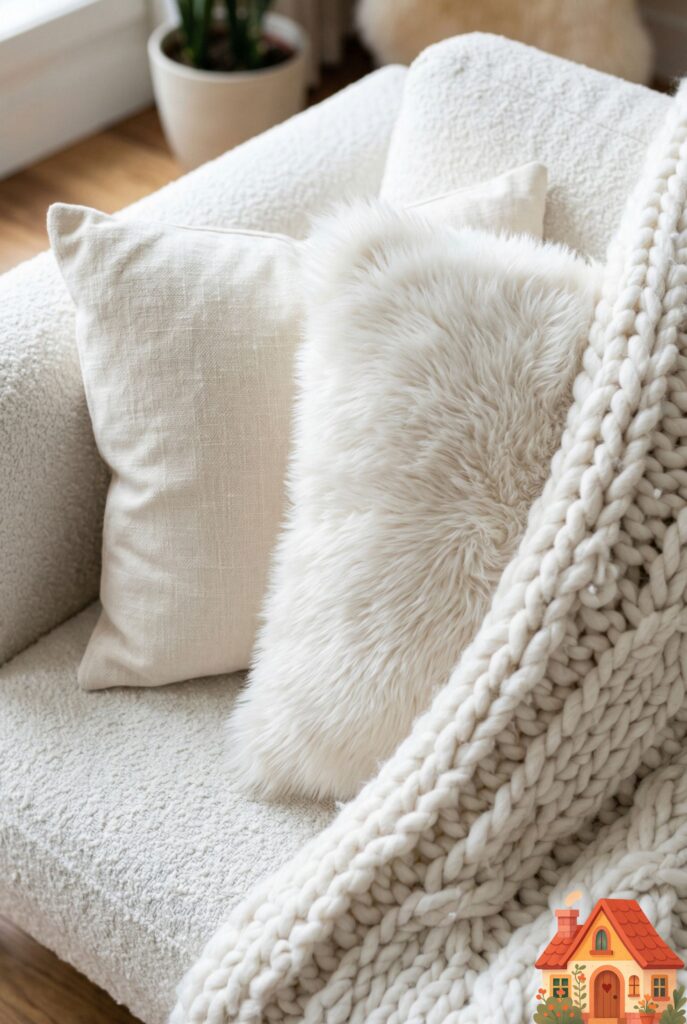  macro, highly detailed shot of a white living room sofa. The image focuses on intense texture layering: a smooth ivory linen cushion sits next to a chunky-knit white wool throw blanket, and a fluffy pearl-white faux fur pillow. The subtle tonal variations of white create incredible visual depth and coziness.