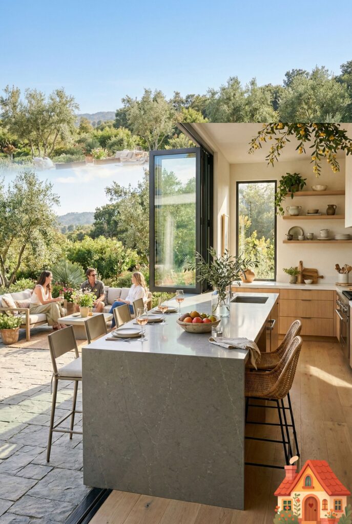An epic kitchen with an entire wall of open bi-fold glass doors. A stunning grey quartz kitchen island extends seamlessly from the inside of the kitchen right through the open doorway to the outdoor patio, acting as an outdoor dining bar. Sun-drenched, harmonious indoor-outdoor living surrounded by nature.