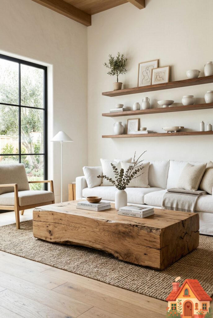 A beautiful balance of white and wood. A bright, warm-white living room featuring a massive, raw-edge oak coffee table in the center. In the background, floating walnut wood shelves are styled with white ceramics. The mix of pristine white and heavy, textured wood creates a deeply grounded, soulful aesthetic.)