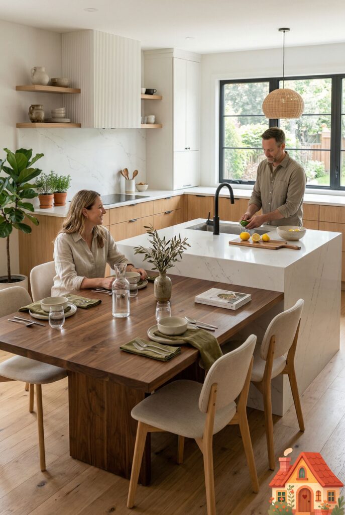 A dynamic modern kitchen island. One half of the island is standard counter height in sleek white quartz. The other half seamlessly drops down to standard dining table height, constructed from a beautiful slab of rich walnut wood. Comfortable, low dining chairs are placed around the wood section. Highly functional and social.
